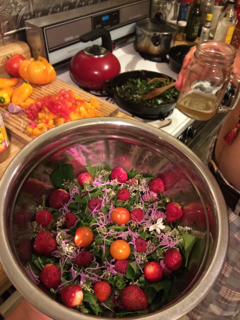 Always time for botanical bling. Monarda and Red Clover flowers, 13 strawberries, 7 raspberries, and 3 cherry tomatoes.